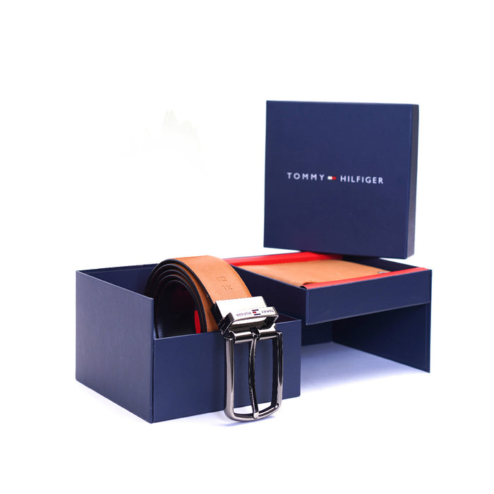 Tommy Hilfiger Combo Gift set - Tan Leather  Slimfold Wallet + Black and Tan Reversible leather Belt X-large Size